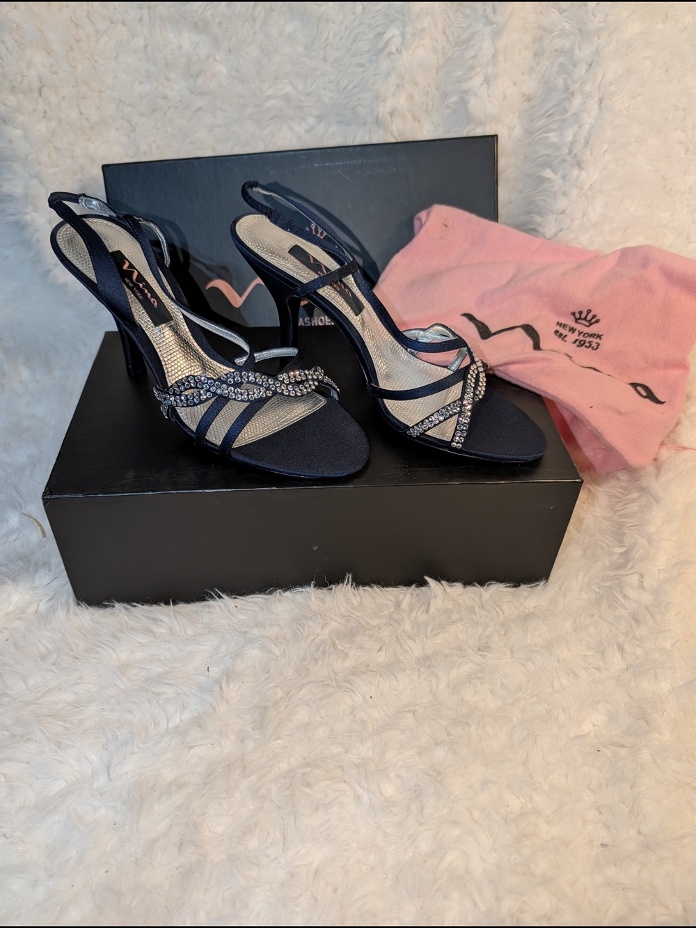 Nina Navy Satin Crystal Slingback Heels